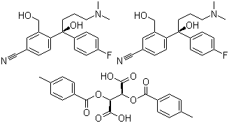 (-)-4-(4-Dimethylamino)-1-(4-fluorophenyl)-1-(hydroxybutyl)-3-hydroxymethyl)-benzonitrile hemi D-(+)-di-p-toloyltartaric acid salt molecular structure (CAS 128173-53-5)