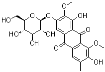 结构式 CAS# 129025-96-3, 3-(beta-D-吡喃葡萄糖基氧基)-1,7-二羟基-2,8-二甲氧基-6-甲基-9,10-蒽醌