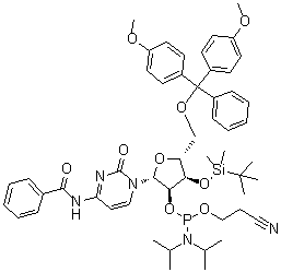 N-Benzoyl-5'-O-[bis(4-methoxyphenyl)phenylmethyl]-3'-O-[(1,1-dimethylethyl)dimethylsilyl]-cytidine 2'-[2-cyanoethyl bis(1-methylethyl)phosphoramidite] molecular structure (CAS 129470-47-9)