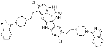 structure of CAS# 1303996-68-0, Ziprasidone related compound C;5,5'-Bis[2-[4-(1,2-benzisothiazol-3-yl)-1-piperazinyl]ethyl]-6,6'-dichloro-1,1',3,3'-tetrahydro-3-hydroxy-[3,3'-bi-2H-indole]-2,2'-dione