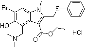 structure of CAS# 131707-23-8, Arbidol hydrochloride;6-Bromo-4-[(dimethylamino)methyl]-5-hydroxy-1-methyl-2-[(phenylthio)methyl]-1H-indole-3-carboxylic acid ethyl ester monohydrochloride