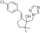 结构式 CAS# 131983-72-7, 灭菌唑; (E)-5-(4-氯亚苄基)-2,2-二甲基-1-(1H-1,2,4-三唑-1-基甲基)环戊醇