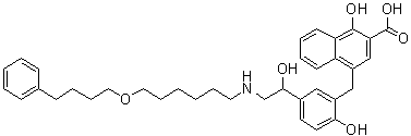structure of CAS# 1330076-52-2, Salmeterol Impurity H;1-Hydroxy-4-[[2-hydroxy-5-[1-hydroxy-2-[[6-(4-phenylbutoxy)hexyl]amino]ethyl]phenyl]methyl]-2-naphthalenecarboxylic acid