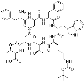 D-Phenylalanyl-L-cysteinyl-L-phenylalanyl-D-tryptophyl-N6-[(1,1-dimethylethoxy)carbonyl]-L-lysyl-L-threonyl-L-cysteinyl-L-threonine cyclic (2→7)-disulfide molecular structure (CAS 133304-78-6)