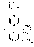 structure of CAS# 1338540-63-8, (R)-9-[4-(1-Aminopropan-2-yl)phenyl]-8-hydroxy-6-methylthieno[2,3-c]quinolin-4(5H)-one