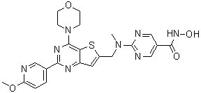 structure of CAS# 1339928-25-4, N-Hydroxy-2-[[[2-(6-methoxypyridin-3-yl)-4-(morpholin-4-yl)thieno[3,2-d]pyrimidin-6-yl]methyl](methyl)amino]pyrimidine-5-carboxamide;CUDC 907