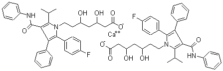 结构式 CAS# 134523-03-8, 阿托伐他汀钙; 7-[2-(4-氟苯基)-3-苯基-4-(苯胺基甲酰基)-5-(2-丙基)吡咯-1-基]-3,5-二羟基庚酸钙
