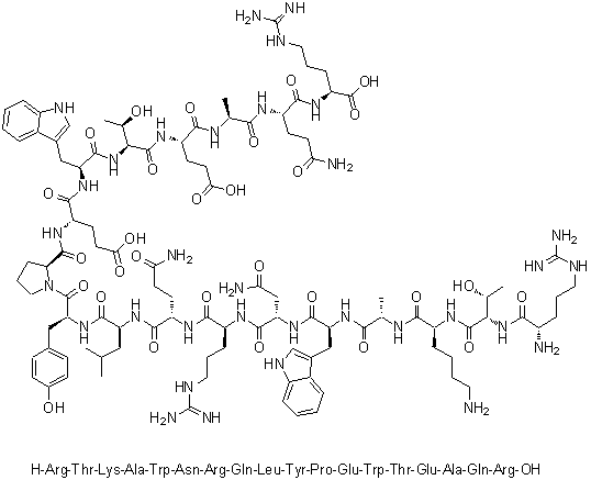 L-Arginyl-L-threonyl-L-lysyl-L-alanyl-L-tryptophyl-L-asparaginyl-L-arginyl-L-glutaminyl-L-leucyl-L-tyrosyl-L-prolyl-L-alpha-glutamyl-L-tryptophyl-L-threonyl-L-alpha-glutamyl-L-alanyl-L-glutaminyl-L-arginine molecular structure (CAS 1350963-10-8)