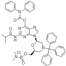 N,N-Diphenylcarbamic acid 9-[(2R,6S)-6-[[[chloro(dimethylamino)phosphinyl]oxy]methyl]-4-(triphenylmethyl)-2-morpholinyl]-2-[(2-methyl-1-oxopropyl)amino]-9H-purin-6-yl ester molecular structure (CAS 1357354-76-7)