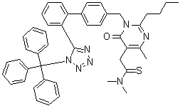 2-Butyl-1,6-dihydro-N,N,4-trimethyl-6-oxo-1-[[2'-[1-(triphenylmethyl)-1H-tetrazol-5-yl][1,1'-biphenyl]-4-yl]methyl]-5-pyrimidineethanethioamide molecular structure (CAS 1361024-52-3)