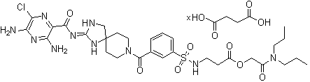 N-[[3-[[(2E)-2-[[(3,5-Diamino-6-chloro-2-pyrazinyl)carbonyl]imino]-1,3,8-triazaspiro[4.5]dec-8-yl]carbonyl]phenyl]sulfonyl]-beta-alanine 2-(dipropylamino)-2-oxoethyl ester butanedioate (1:?) molecular structure (CAS 1366295-86-4)