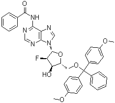 N-Benzoyl-5'-O-[bis(4-methoxyphenyl)phenylmethyl]-2'-deoxy-2'-fluoroadenosine molecular structure (CAS 136834-21-4)