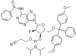 N-Benzoyl-5'-O-[bis(4-methoxyphenyl)phenylmethyl]-2'-deoxy-2'-fluoroadenosine 3'-[2-cyanoethyl N,N-bis(1-methylethyl)phosphoramidite] molecular structure (CAS 136834-22-5)