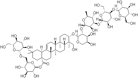 structure of CAS# 136849-88-2, Macranthoidin B;Macranthoiside I; (3beta,4alpha)-3-[(O-beta-D-glucopyranosyl-(1->4)-O-beta-D-glucopyranosyl-(1->3)-O-6-deoxy-alpha-L-mannopyranosyl-(1->2)-alpha-L-arabinopyranosyl)oxy]-23-hydroxyolean-12-en-28-oic acid 6-O-beta-D-glucopyranosyl-beta-D-glucopyranosyl ester