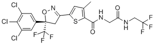 structure of CAS# 1369852-71-0, Lotilaner;3-methyl-N-[2-oxo-2-(2,2,2-trifluoroethylamino)ethyl]-5-[(5S)-5-(3,4,5-trichlorophenyl)-5-(trifluoromethyl)-4H-1,2-oxazol-3-yl]thiophene-2-carboxamide