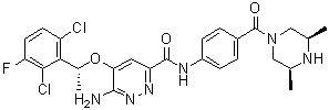 structure of CAS# 1370651-20-9, Ensartinib;6-Amino-5-[(1R)-1-(2,6-dichloro-3-fluorophenyl)ethoxy]-N-[4-[[(3R,5S)-3,5-dimethyl-1-piperazinyl]carbonyl]phenyl]-3-pyridazinecarboxamide