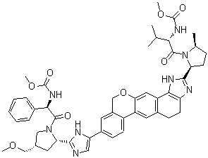 Methyl [(1R)-2-[(2S,4S)-2-[5-[2-[(2S,5S)-1-[(2S)-2-[(methoxycarbonyl)amino]-3-methylbutanoyl]-5-methylpyrrolidin-2-yl]-1,4,5,11-tetrahydroisochromeno[4',3':6,7]naphtho[1,2-d]imidazol-9-yl]-1H-imidazol-2-yl]-4-(methoxymethyl)pyrrolidin-1-yl]-2-oxo-1-phenylethyl]carbamate molecular structure (CAS 1377604-63-1)