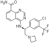 structure of CAS# 1379545-95-5, 4-[[(1S)-2-(1-Azetidinyl)-1-[4-chloro-3-(trifluoromethyl)phenyl]ethyl]amino]-8-quinazolinecarboxamide;M 2698; MSC 2363318A
