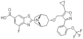 structure of CAS# 1383816-29-2, Tropifexor;2-[(3-endo)-3-[[5-Cyclopropyl-3-[2-(trifluoromethoxy)phenyl]-4-isoxazolyl]methoxy]-8-azabicyclo[3.2.1]oct-8-yl]-4-fluoro-6-benzothiazolecarboxylic acid; LJN 452