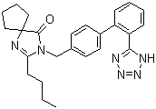 结构式 CAS# 138402-11-6, 厄贝沙坦; 2-丁基-3-[4-[2-(1H-四唑-5-基)苯基]苄基]-1,3-二氮杂螺-[4.4]壬-1-烯-4-酮