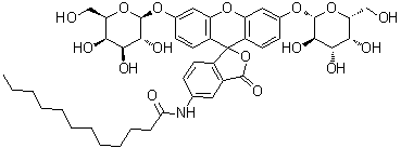 structure of CAS# 138777-25-0, N-[3',6'-Bis(beta-D-galactopyranosyloxy)-3-oxospiro[isobenzofuran-1(3H),9'-[9H]xanthen]-5-yl]dodecanamide;Spiro[isobenzofuran-1(3H),9'-[9H]xanthene], dodecanamide deriv.; Imagene Green