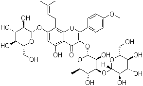 structure of CAS# 140147-77-9, Epimedin A1;Hexandraside F; 3-[(6-Deoxy-3-O-beta-D-glucopyranosyl-alpha-L-mannopyranosyl)oxy]-7-(beta-D-glucopyranosyloxy)-5-hydroxy-2-(4-methoxyphenyl)-8-(3-methyl-2-buten-1-yl)-4H-1-benzopyran-4-one