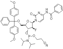 N-[1-[5-O-[Bis(4-methoxyphenyl)phenylmethyl]-3-O-[[bis(1-methylethyl)amino](2-cyanoethoxy)phosphino]-2-deoxy-2-fluoro-beta-D-arabinofuranosyl]-1,2-dihydro-2-oxo-4-pyrimidinyl]benzamide molecular structure (CAS 1404463-12-2)