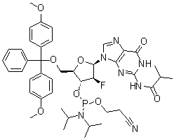 N-[9-[5-O-[Bis(4-methoxyphenyl)phenylmethyl]-3-O-[[bis(1-methylethyl)amino](2-cyanoethoxy)phosphino]-2-deoxy-2-fluoro-beta-D-arabinofuranosyl]-6,9-dihydro-6-oxo-1H-purin-2-yl]-2-methylpropanamide molecular structure (CAS 1404463-20-2)