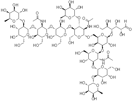 O-6-Deoxy-alpha-L-galactopyranosyl-(1→3)-O-[O-6-deoxy-alpha-L-galactopyranosyl-(1→2)-O-beta-D-galactopyranosyl-(1→3)-O-2-(acetylamino)-2-deoxy-beta-D-glucopyranosyl-(1→3)-beta-D-galactopyranosyl-(1→4)]-O-2-(acetylamino)-2-deoxy-beta-D-glucopyranosyl-(1→6)-O-[O-6-deoxy-alpha-L-galactopyranosyl-(1→2)-O-beta-D-galactopyranosyl-(1→3)-2-(acetylamino)-2-deoxy-beta-D-glucopyranosyl-(1→3)]-O-beta-D-galactopyranosyl-(1→4)-D-glucose molecular structure (CAS 141342-93-0)
