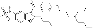 structure of CAS# 141626-36-0, Dronedarone;N-(2-Butyl-3-(4-(3-(dibutylamino)propoxy)benzoyl)-5-benzofuranyl)methanesulfonamide; 2-Butyl-3-[4-[3-(dibutylamino)propoxy]benzoyl]-5-(methylsulfonamido)benzofuran