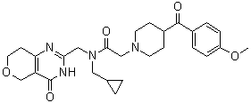 N-Cyclopropylmethyl-2-[4-(4-methoxybenzoyl)piperidin-1-yl]-N-[(4-oxo-3,5,7,8-tetrahydro-4H-pyrano[4,3-d]pyrimidin-2-yl)methyl]acetamide molecular structure (CAS 1419949-20-4)