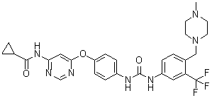 structure of CAS# 1421227-52-2, N-[6-[4-[[[[4-[(4-Methyl-1-piperazinyl)methyl]-3-(trifluoromethyl)phenyl]amino]carbonyl]amino]phenoxy]-4-pyrimidinyl]cyclopropanecarboxamide