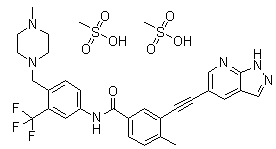 structure of CAS# 1421783-64-3, GZD 824;4-Methyl-N-[4-[(4-methyl-1-piperazinyl)methyl]-3-(trifluoromethyl)phenyl]-3-[2-(1H-pyrazolo[3,4-b]pyridin-5-yl)ethynyl]benzamide methanesulfonate (1:2)