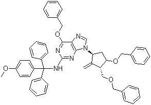 6-(Benzyloxy)-9-((1S,3R,3S)-4-(benzyloxy)-3-(benzyloxymethyl)-2-methylenecyclopentyl)-N-((4-methoxyphenyl)diphenylmethyl)-9H-purin-2-amine molecular structure (CAS 142217-80-9)