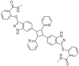 2,2'-[(2,4-Di-2-pyridinyl-1,3-cyclobutanediyl)bis(1H-indazole-3,6-diylthio)]bis[N-methylbenzamide] molecular structure (CAS 1428728-83-9)