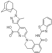 结构式 CAS# 1430844-80-6, 6-[8-[(2-苯并噻唑基氨基)羰基]-3,4-二氢-2(1H)-异喹啉基]-3-[5-甲基-1-金刚烷-1-基甲基)-1H-吡唑-4-基]-2-吡啶羧酸