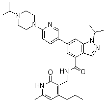 structure of CAS# 1431612-23-5, N-[(1,2-Dihydro-6-methyl-2-oxo-4-propyl-3-pyridinyl)methyl]-1-(1-methylethyl)-6-[6-[4-(1-methylethyl)-1-piperazinyl]-3-pyridinyl]-1H-indazole-4-carboxamide
