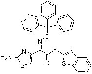 结构式 CAS# 143183-03-3, (Z)-2-(2-氨基噻唑-4-基)-2-三苯甲氧亚氨基硫代乙酸(S-2-苯并噻唑)酯; (Z)-2-(2-氨基噻唑-4-基)-2-三苯甲氧亚氨基乙酸(2-巯基苯并噻唑)酯