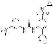 structure of CAS# 1432660-47-3, N-Cyclopropyl-4-(3-thienyl)-3-[[[[3-(trifluoromethyl)phenyl]amino]carbonyl]amino]-benzenesulfonamide