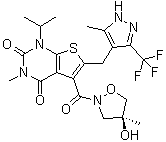 structure of CAS# 1448671-31-5, AZD 3965;5-[[(4S)-4-Hydroxy-4-methyl-2-isoxazolidinyl]carbonyl]-3-methyl-1-(1-methylethyl)-6-[[5-methyl-3-(trifluoromethyl)-1H-pyrazol-4-yl]methyl]-thieno[2,3-d]pyrimidine-2,4(1H,3H)-dione
