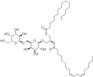 结构式 CAS# 145033-48-3, (2S)-3-[(1-氧代十六烷基)氧基]-2-[[(9Z,12Z)-1-氧代-9,12-十八碳二烯-1-基]氧基]丙基6-O-alpha-D-吡喃半乳糖基-beta-D-吡喃半乳糖苷