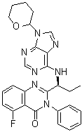 5-Fluoro-3-phenyl-2-[(1S)-1-[[9-(tetrahydro-2H-pyran-2-yl)-9H-purin-6-yl]amino]propyl]-4(3H)-quinazolinone molecular structure (CAS 1453810-71-3)