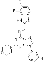 structure of CAS# 1454585-06-8, N-[(6,7-Difluoro-1H-benzimidazol-2-yl)methyl]-9-(3-fluorophenyl)-2-(4-morpholinyl)-9H-purin-6-amine