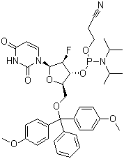 structure of CAS# 146954-75-8, 5'-O-(4,4-Dimethoxytrityl)-2'-deoxy-2'-fluorouridine-3'-(2-cyanoethyl-N,N-diisopropyl)phosphoramidite;5'-O-DMT-2'-F-dU-3'-CEDPA
