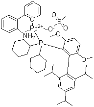 structure of CAS# 1470372-59-8, [2'-(Amino)[1,1'-biphenyl]-2-yl][dicyclohexyl[3,6-dimethoxy-2',4',6'-tris(1-methylethyl)[1,1'-biphenyl]-2-yl]phosphine](methanesulfonato)palladium;Methanesulfonato(2-dicyclohexylphosphino-3,6-dimethoxy-2',4',6'-tri-i-propyl-1,1'-biphenyl)(2'-amino-1,1'-biphenyl-2-yl)palladium(II)