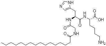 structure of CAS# 147732-56-7, N-(1-Oxohexadecyl)glycyl-L-histidyl-L-lysine;Pal-GHK; Palmitoyl Tripeptide-1; N2-[N-[N-(1-oxohexadecyl)glycyl]-L-histidyl]-L-lysine