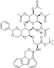 O-[2-Azido-2-deoxy-4,6-O-[(S)-phenylmethylene]-3-O-(2,3,4,6-tetra-O-acetyl-beta-D-galactopyranosyl)-alpha-D-galactopyranosyl]-N-[(9H-fluoren-9-ylmethoxy)carbonyl]-L-serine 1,1-dimethylethyl ester molecular structure (CAS 1477460-73-3)