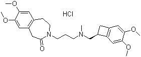结构式 CAS# 148849-67-6, 盐酸伊伐布雷定; 3-[3-[[(8S)-3,4-二甲氧基-8-双环[4.2.0]辛-1,3,5-三烯]甲基-甲氨基]丙基]-7,8-二甲氧基-2,5-二氢-1H-3-苯并氮杂卓-4-酮盐酸盐