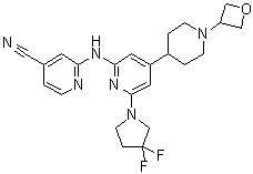 结构式 CAS# 1496581-76-0, 2-[[6-(3,3-二氟-1-吡咯烷基)-4-[1-(3-氧杂环丁基)-4-哌啶基]-2-吡啶基]氨基]-4-吡啶甲腈