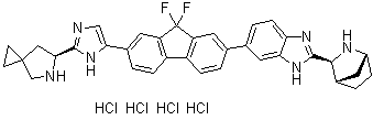 结构式 CAS# 1499193-67-7, (6S)-6-[5-[7-[2-(1R,3S,4S)-2-氮杂双环[2.2.1]庚烷-3-基-1H-苯并咪唑-6-基]-9,9-二氟-9H-芴-2-基]-1H-咪唑-2-基]-5-氮杂螺[2.4]庚烷四盐酸盐